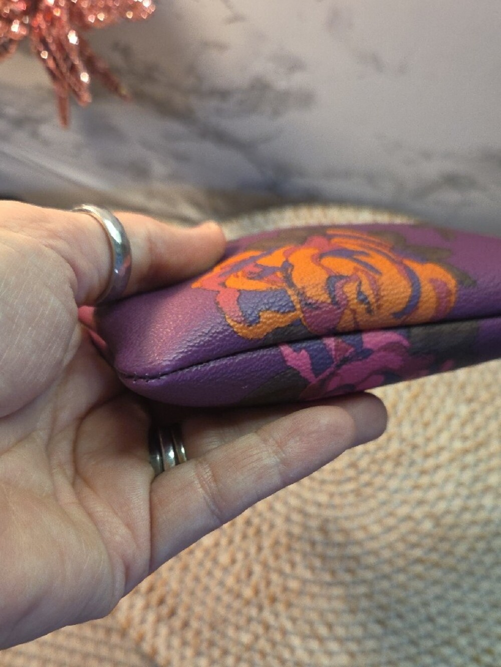 Poppy 6x4 Coach Purple Floral Zip Wristlet with Gold Logo - Picture 3 of 8